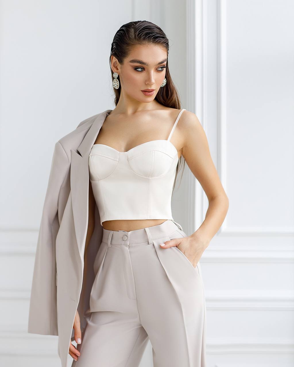 Womens Polished Tiar Lux Fabric Suit Beige Jacket and Pants