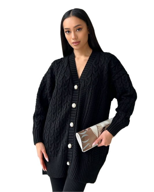 Womens Black Cable Knit Santa Cardigan with Pearl Buttons OneSize