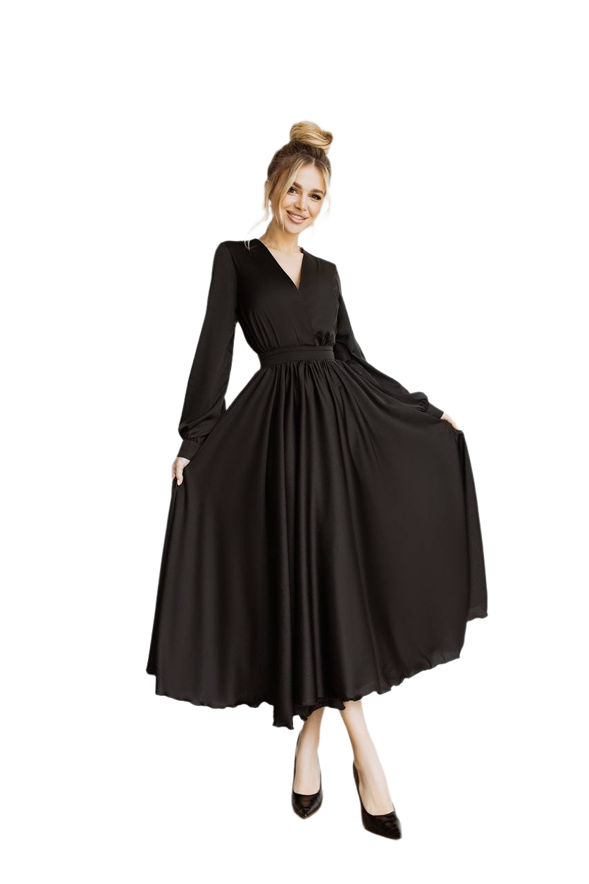 Elegant Black Silk Long Sleeve V Neck Dress for Women