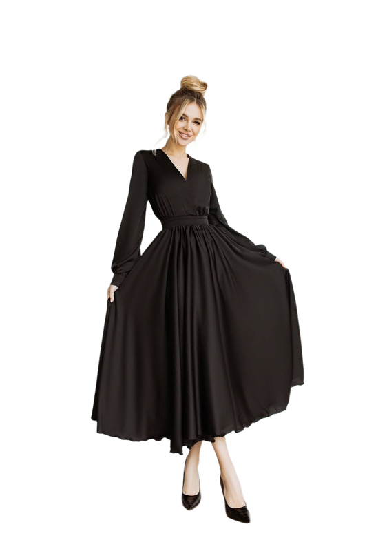 Elegant Black Silk Long Sleeve V Neck Dress for Women