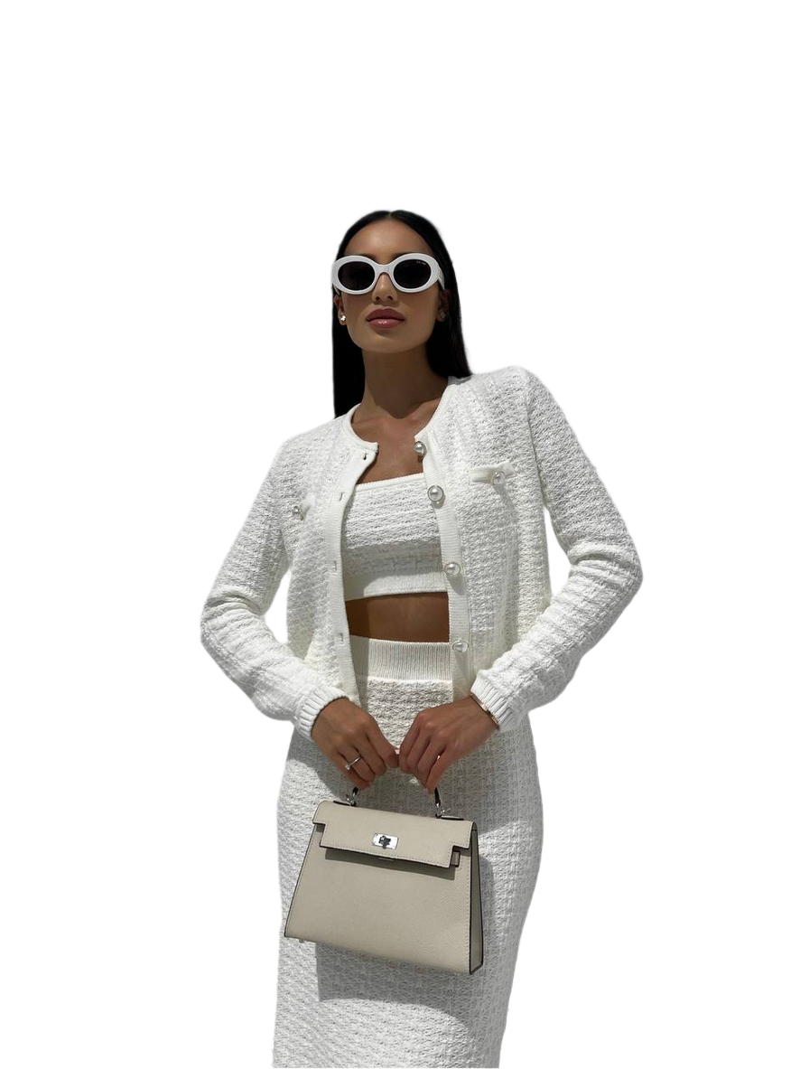 Luxurious Women's Tweed Suit with Bandeau Top and High Waist Midi Skirt