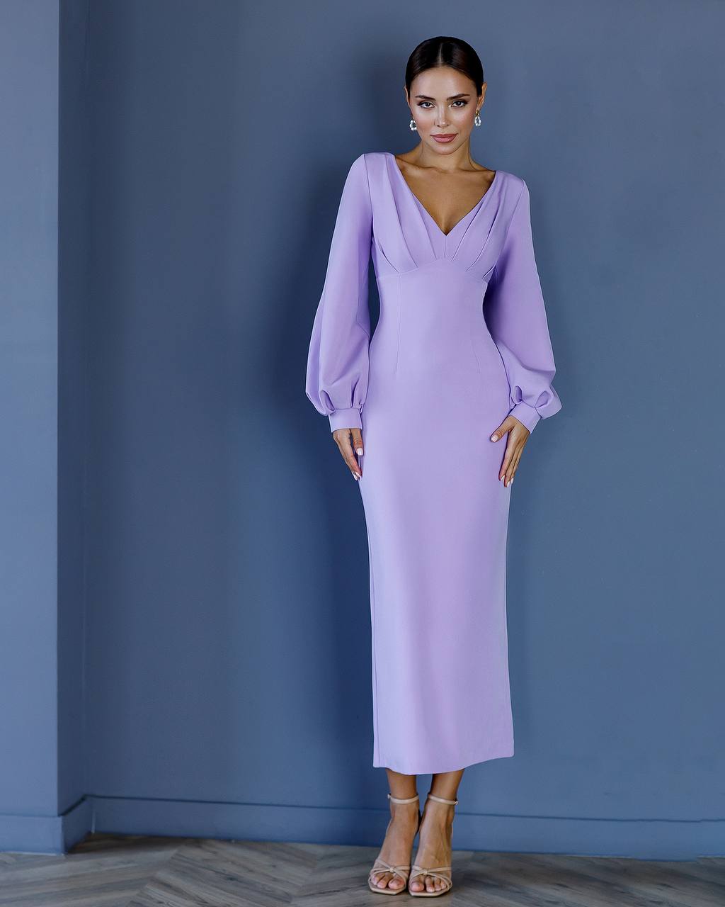 Elegant Midi Dress for Women in Lavender Premium Crepe Fabric