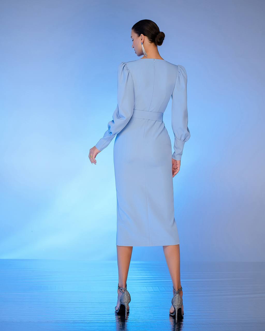 Elegant Midi Dress with Puff Long Sleeves and Belt in Premium Suit Crepe