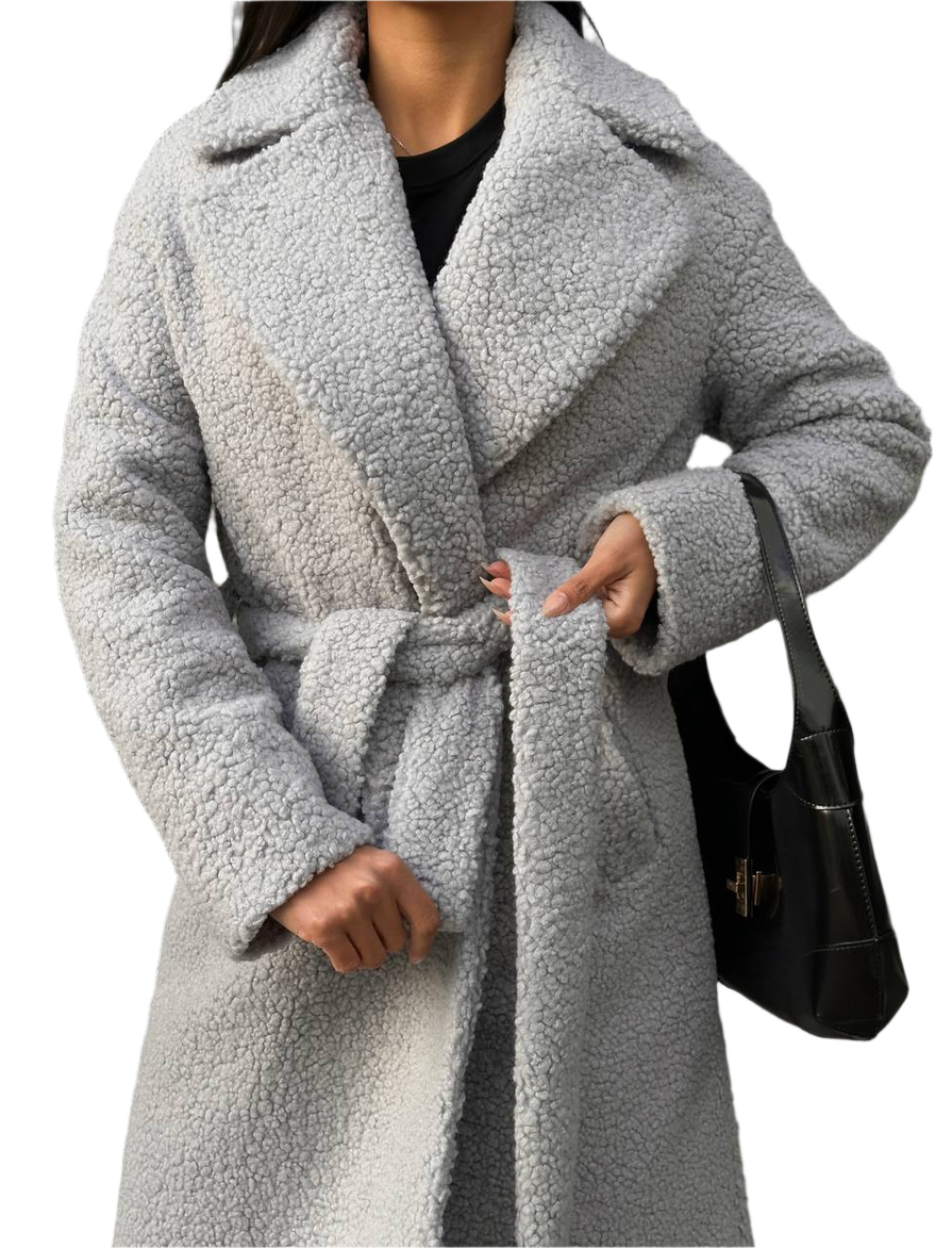 Winter Faux Fur Coat with Belt for Women Warm Boucle Insulated Coat