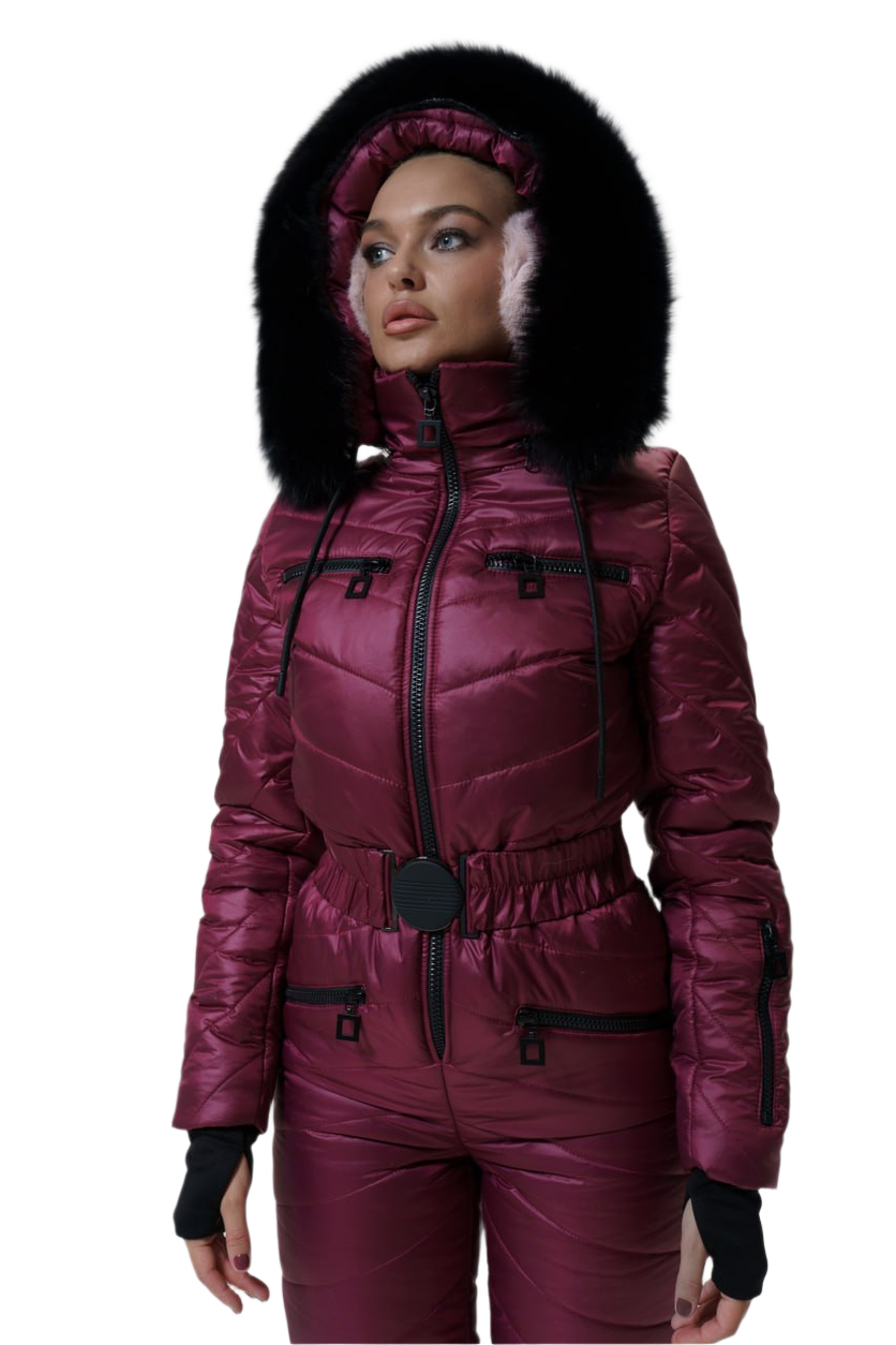 Maroon winter jacket with fur hood on a white background