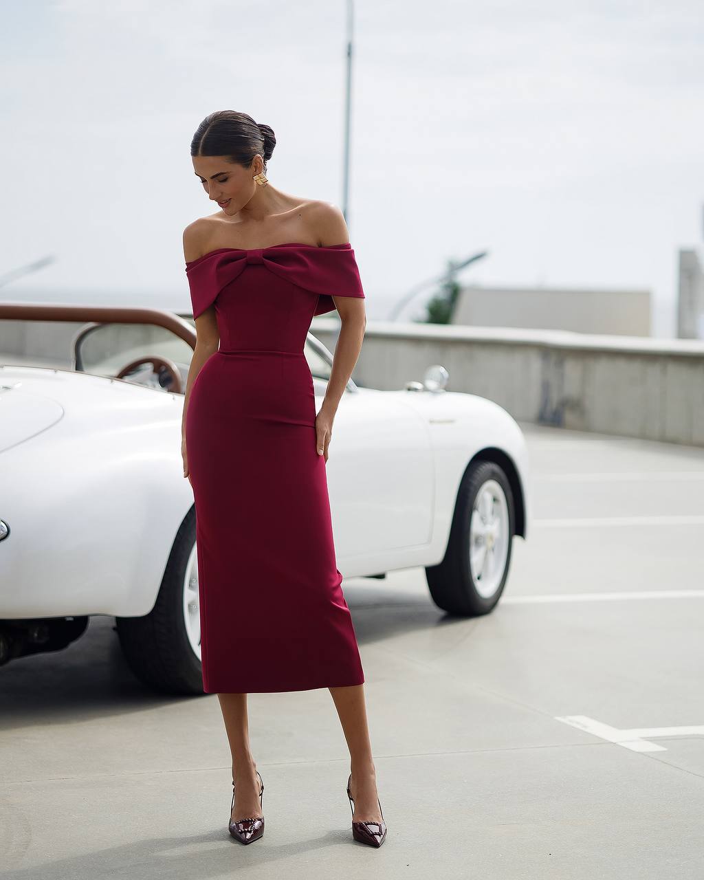 Elegant Burgundy Off Shoulder Midi Dress with Corset Detail