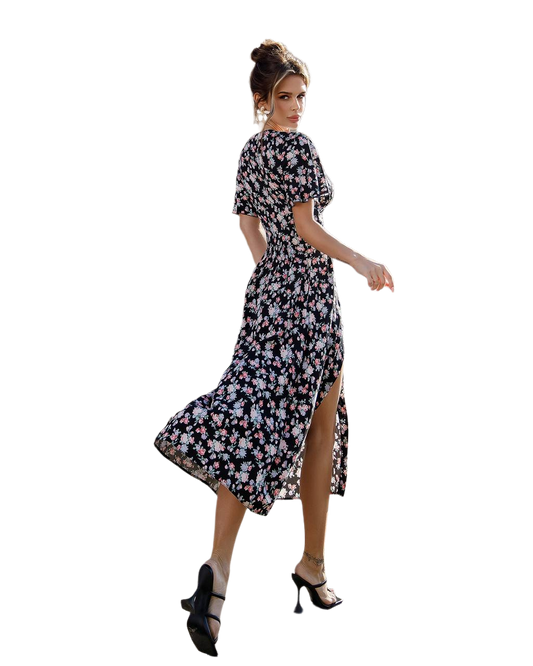 Woman wearing a floral dress with a white background
