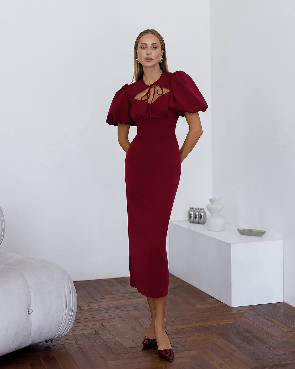 Elegant Burgundy Midi Dress with Puff Sleeves for Women