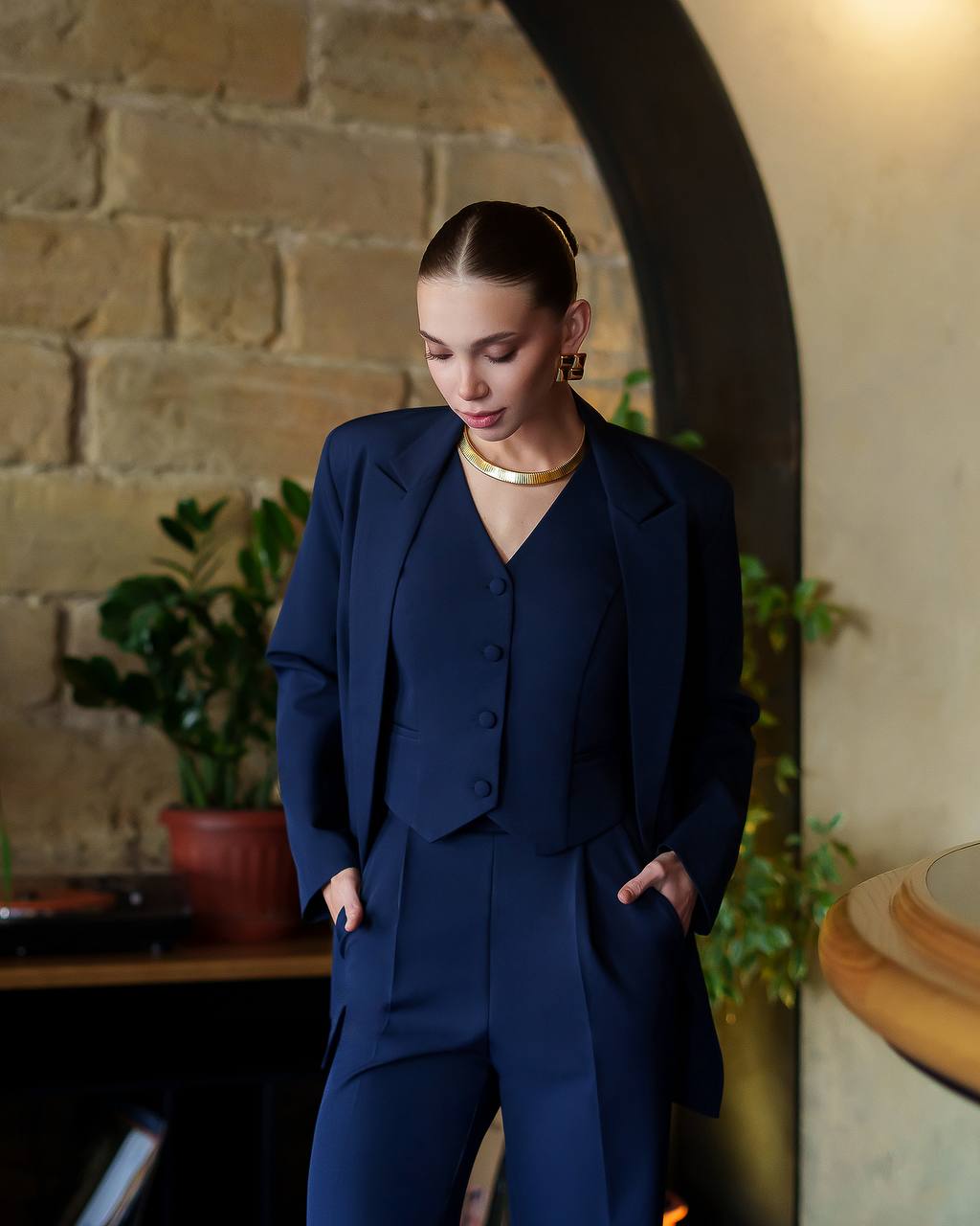 Womens Premium Navy Blue Three Piece Suit Blazer Vest Trousers