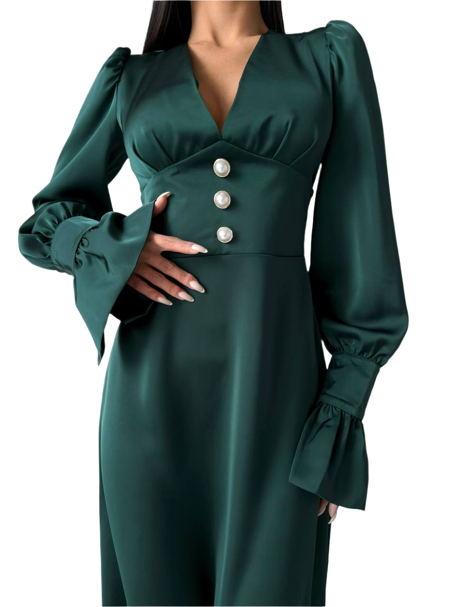 Elegant Satin Green Dress for Women with Long Sleeves and Pearl Buttons