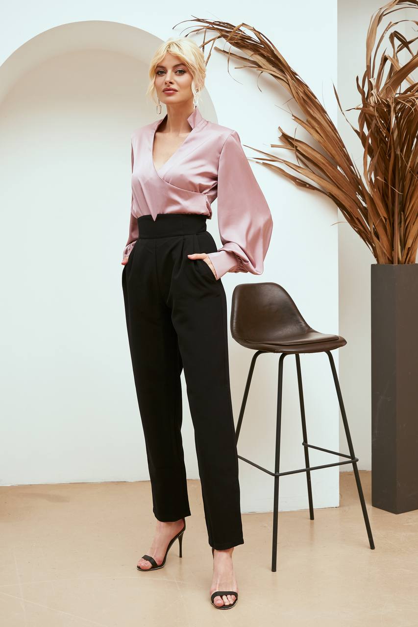 Womens High Waist Crepe Diagonal Pants in Black Cream and Blue