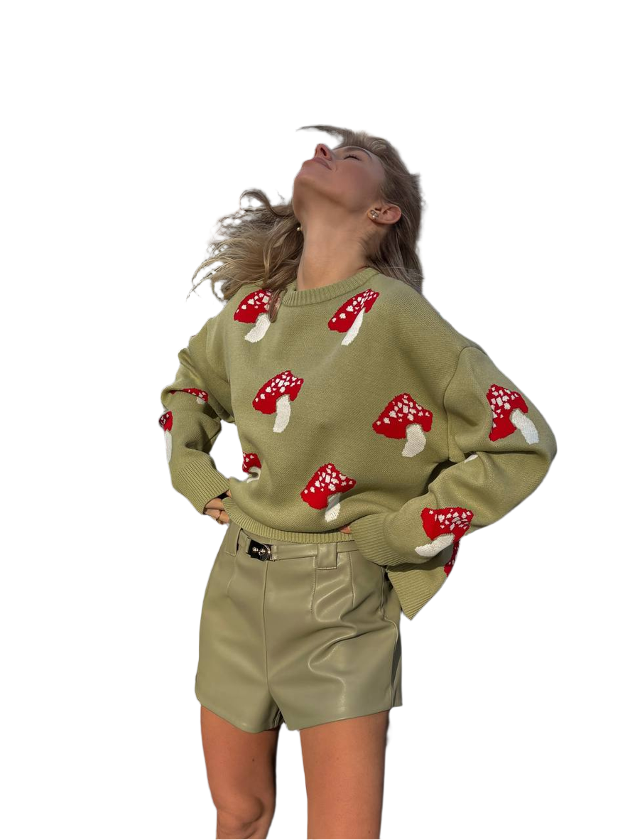 Women Green Mushroom Pattern Knit Jumper Long Sleeve Sweater