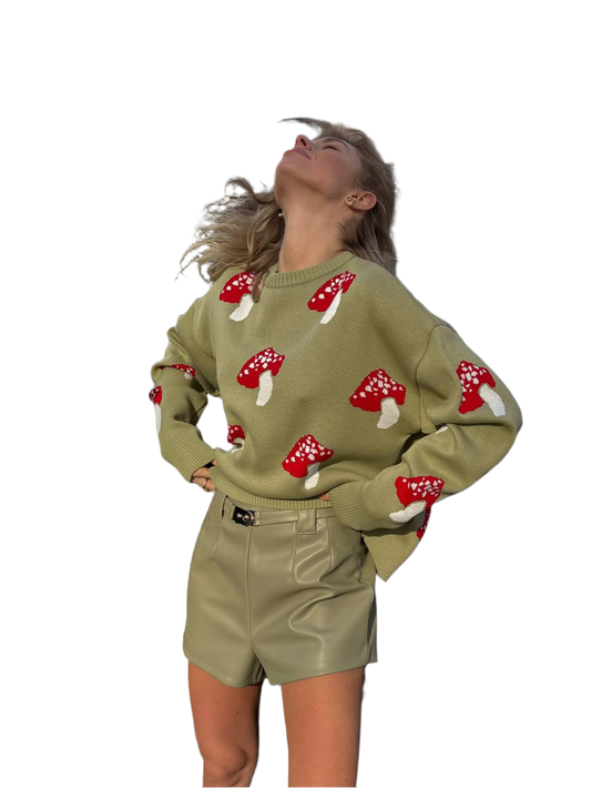 Women Green Mushroom Pattern Knit Jumper Long Sleeve Sweater