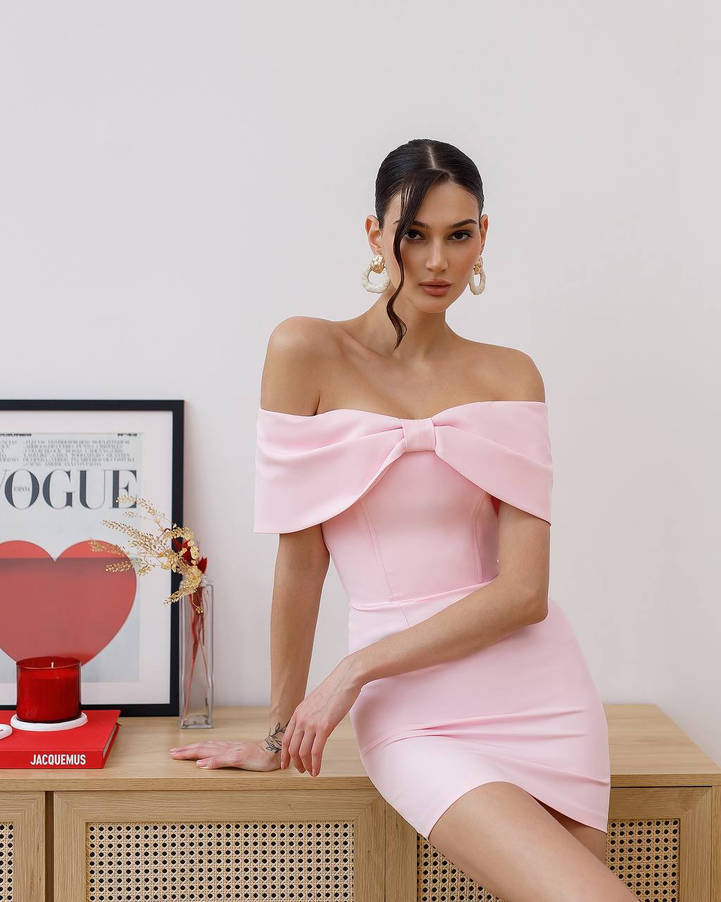 Elegant Off Shoulder Mini Dress with Corset Base in Powder Pink