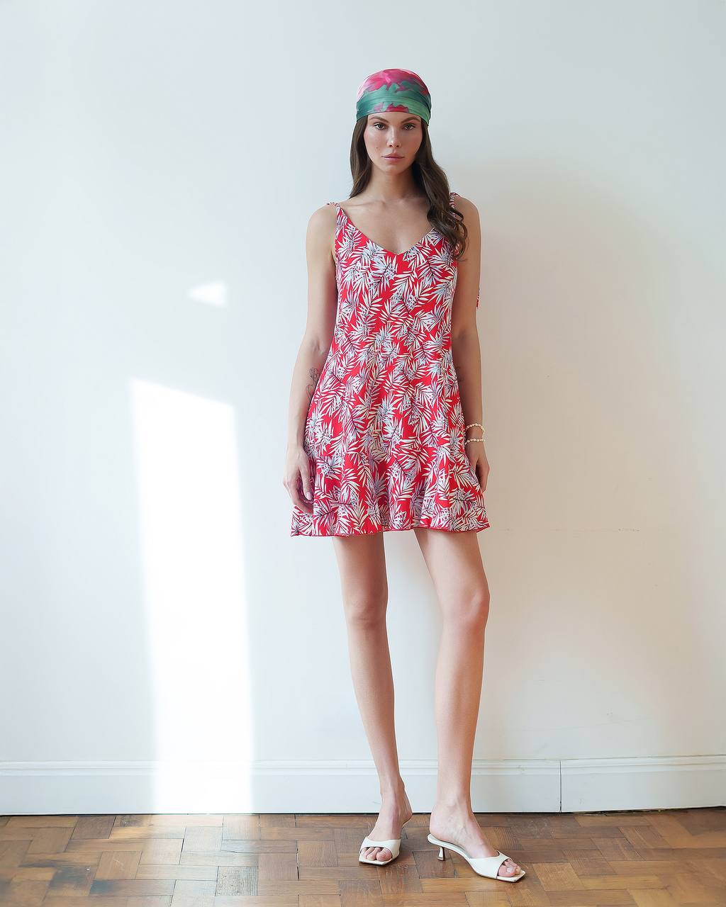 Printed Linen Sundress Women Summer Red Leaf Print