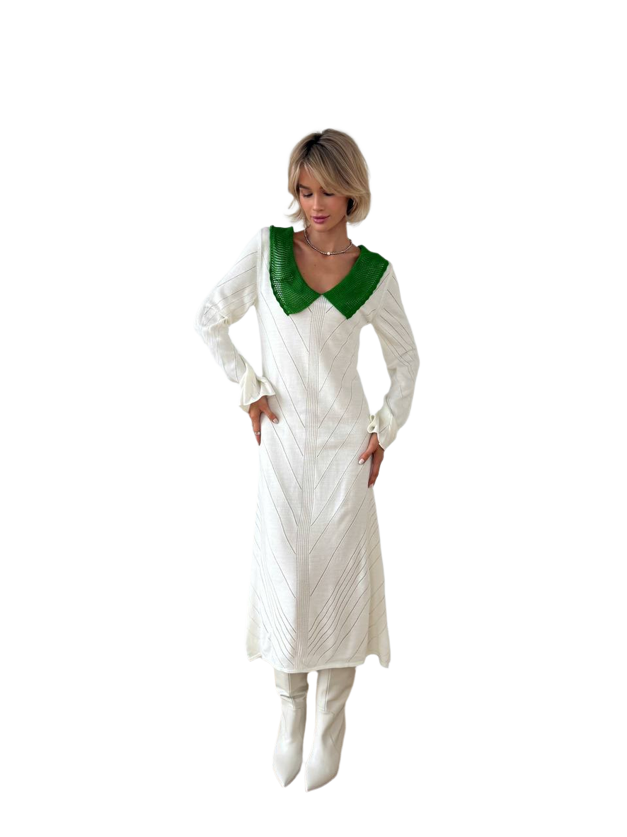 Elegant White Dress with Green Collar for Women