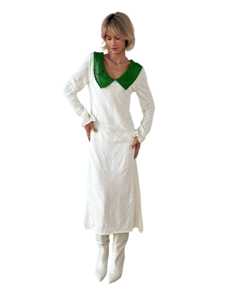 Elegant White Dress with Green Collar for Women