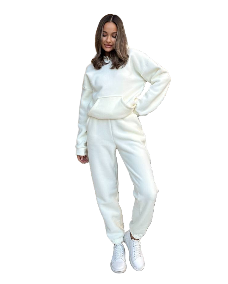 Women White Polar Fleece Tracksuit Warm Sweatshirt and Joggers Cozy Loungewear