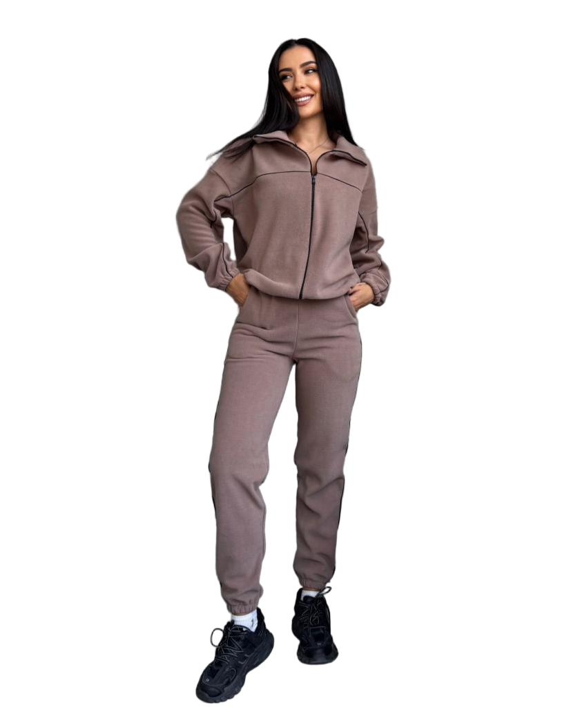 Women Taupe Tracksuit Turkish Fleece Zip Jacket and Jogger Pants Piped Trim