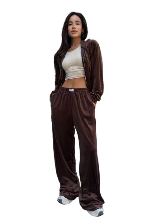 Brown Velour Tracksuit with Hooded Zip Jacket and Palazzo Pants