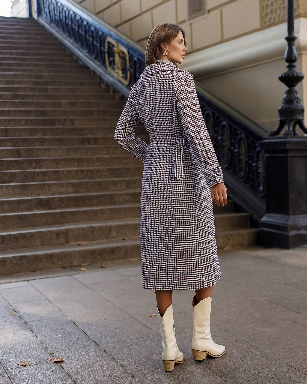 Womens Turkish Fabric Houndstooth Pattern Coat Long Trench Style Belted