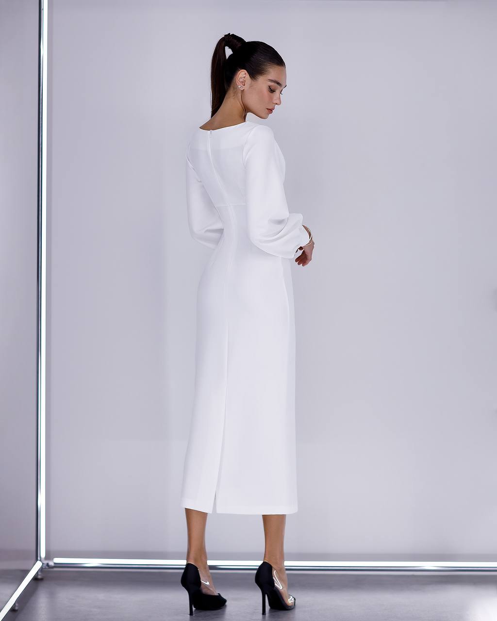 Elegant White Midi Dress for Women in Premium Suiting Crepe Fabric