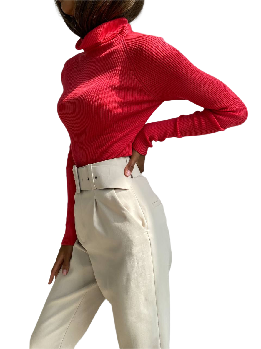 Person wearing a red turtleneck and white pants on a white background