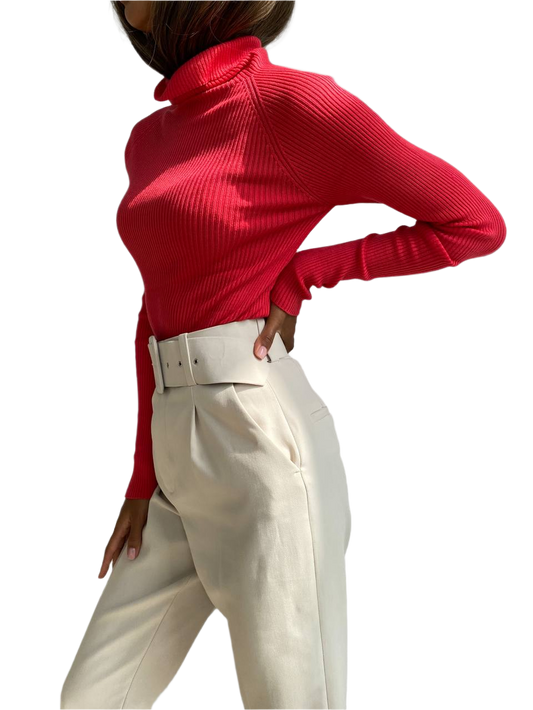 Person wearing a red turtleneck and white pants on a white background