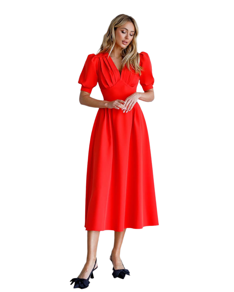 Elegant Red Midi Dress for Women with Puff Sleeves