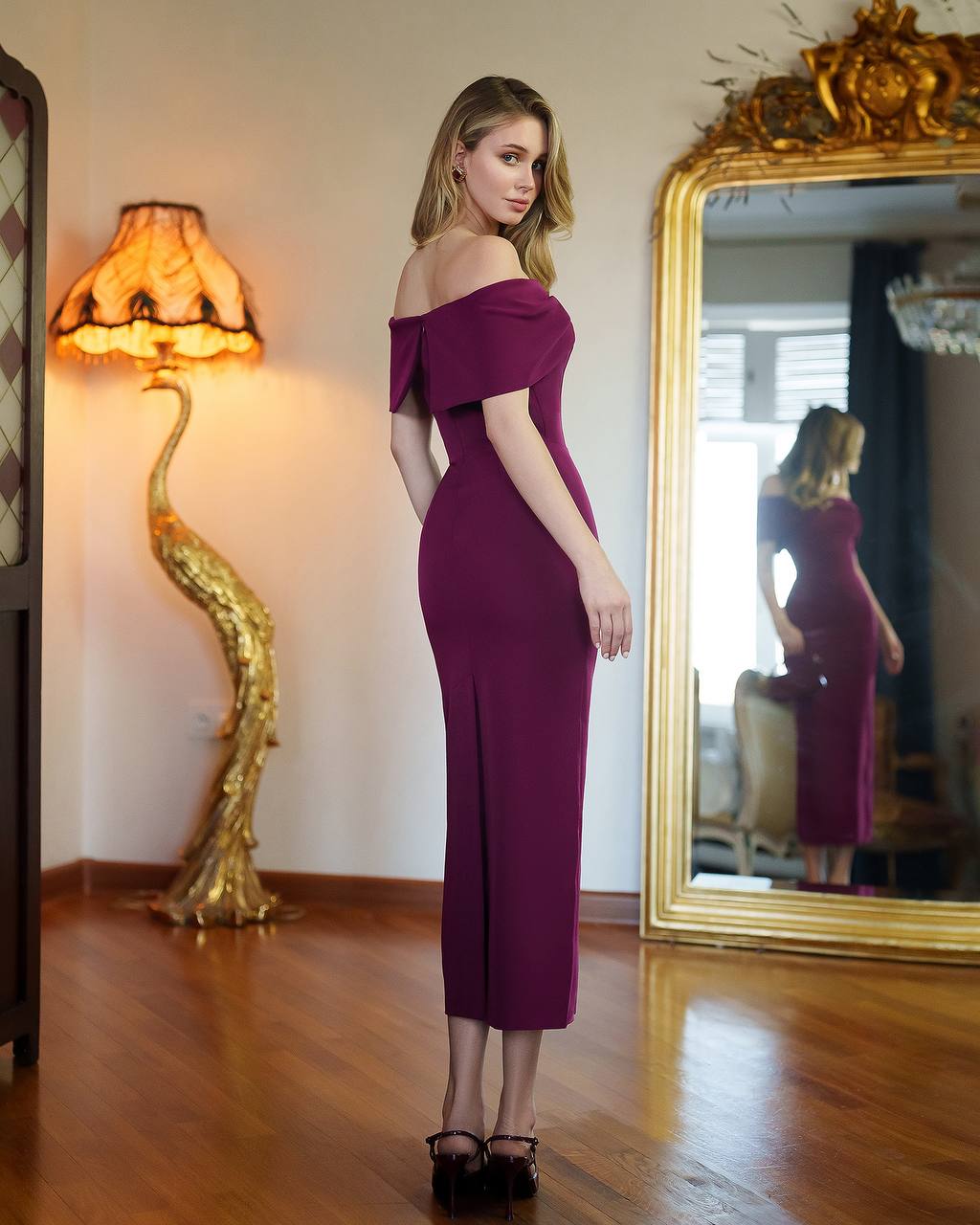 Elegant Burgundy Off Shoulder Midi Dress with Corset Detail