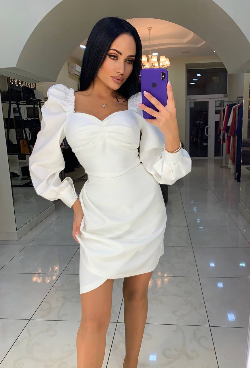 Elegant White Mini Dress With Puff Sleeves