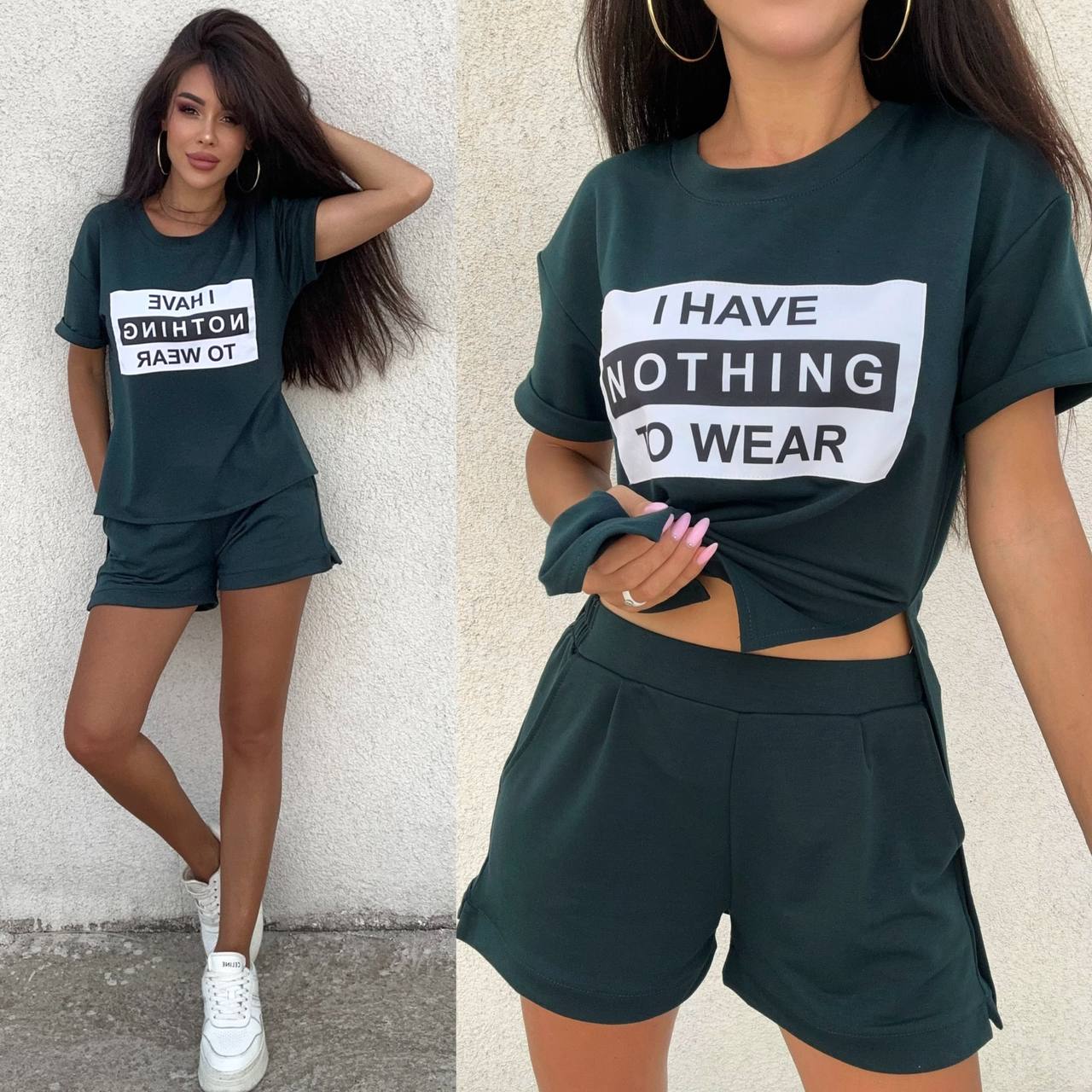 Woman wearing a dark green t-shirt and shorts with a humorous text design against a light background.