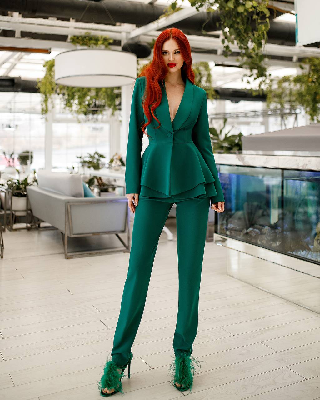 Premium Diagonal Crepe Women Suit with Peplum Jacket in Green