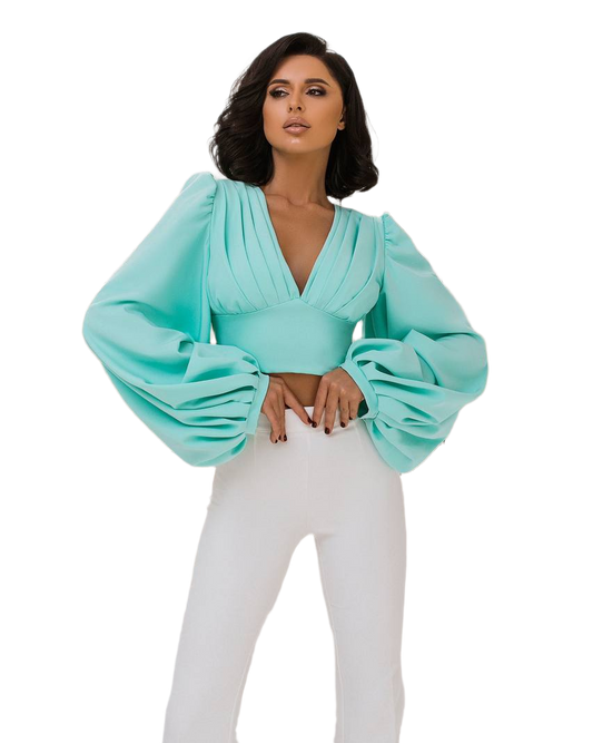 Elegant Puff Sleeve Top Blouse for Women in Mint Color