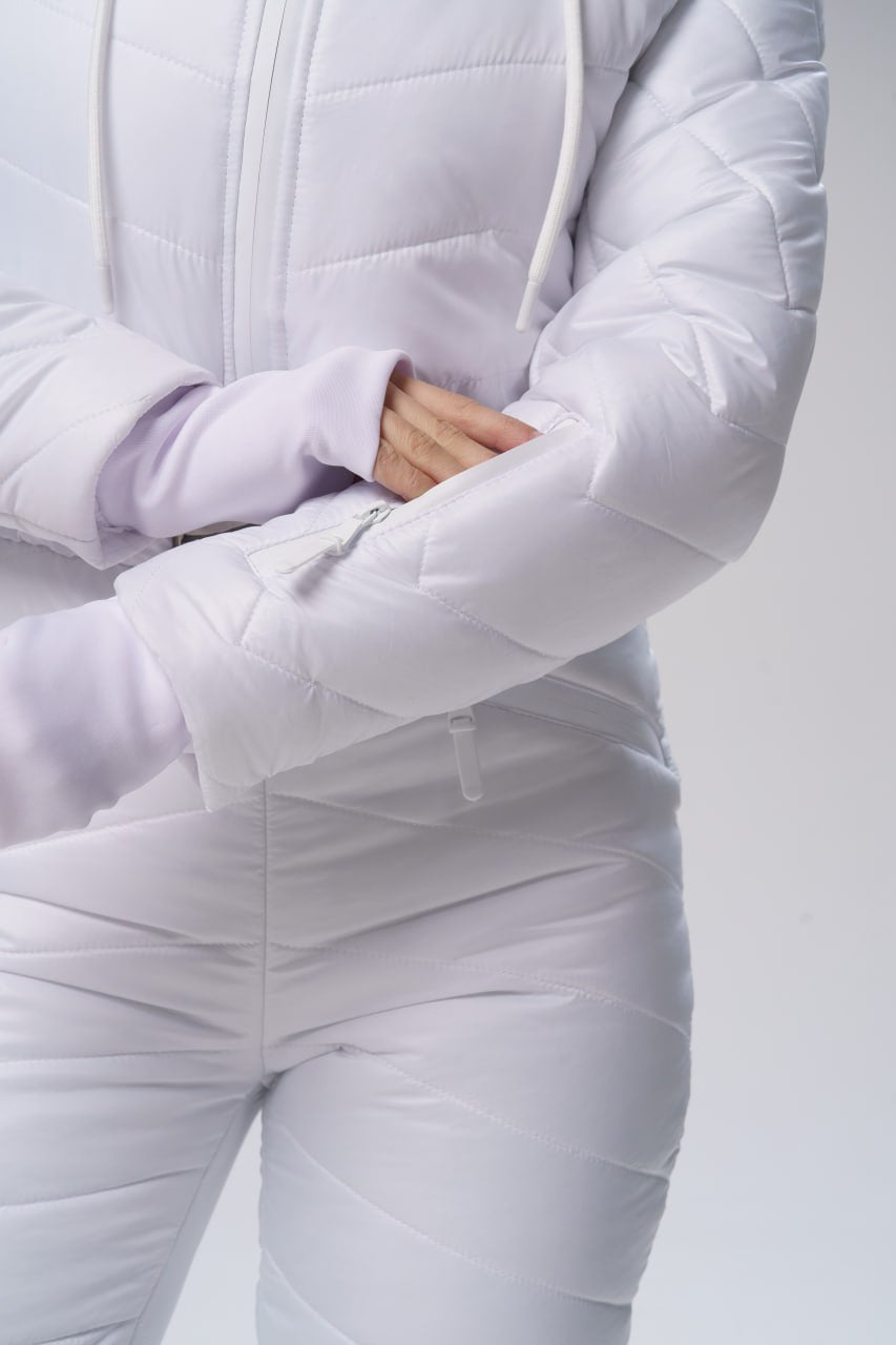 White quilted jacket with a hood on a white background