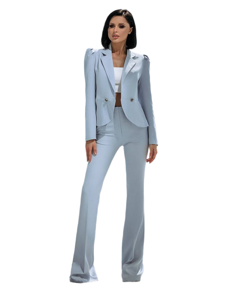 Women Light Blue Diagonal Crepe Pantsuit with Blazer and Flared Trousers