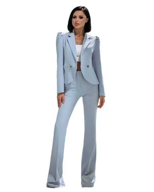 Women Light Blue Diagonal Crepe Pantsuit with Blazer and Flared Trousers