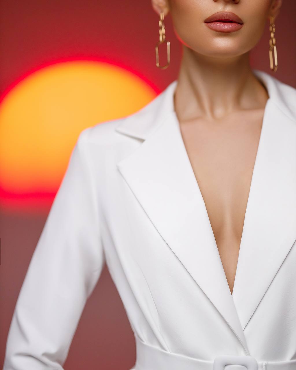 Person wearing a white blazer with a blurred sunset background