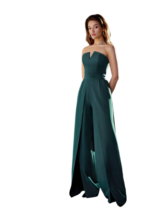 Green Women Jumpsuit Bridal Wedding Bridesmaid Prom Graduation Rehearsal Dinner Corset Top Wide Pants Cullotes Palazzo Emerald