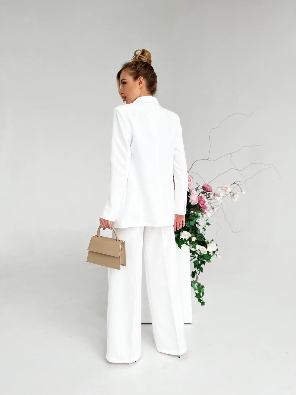 White Palazzo Suit Diagonal Crepe Womens Pantsuit with Premium Lining