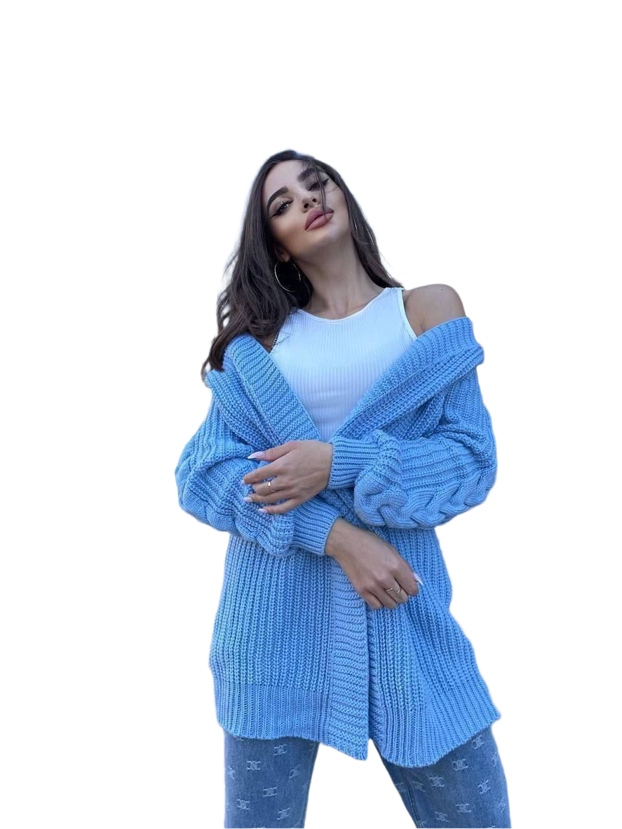 Womens Warm Blue Chunky Knit Cardigan Sweater