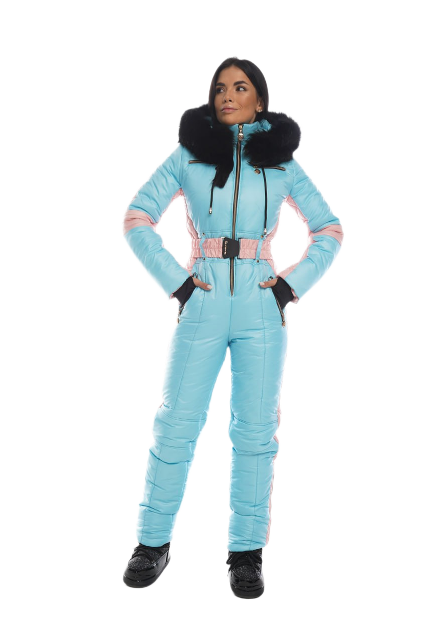 Women's Modern Winter Ski Jumpsuit with Natural Fox Fur Hood and Moisture-Repellent Fabric