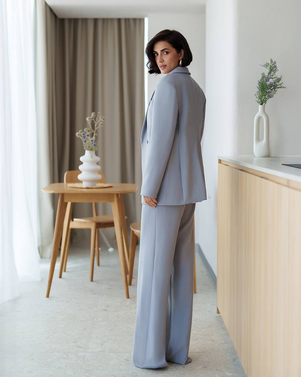 Premium Women Suit Jacket and Pants in Gray Blue