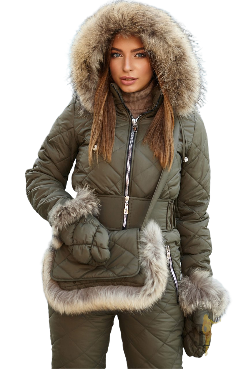 Woman wearing a green winter coat with fur hood and mittens on a white background