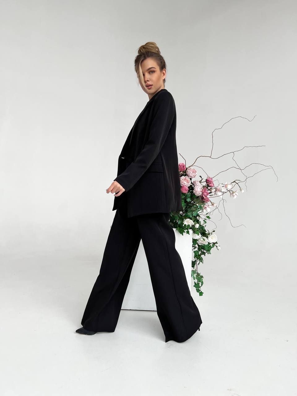 Black Palazzo Suit for Women Diagonal Crepe Tailored Wide Leg Pantsuit