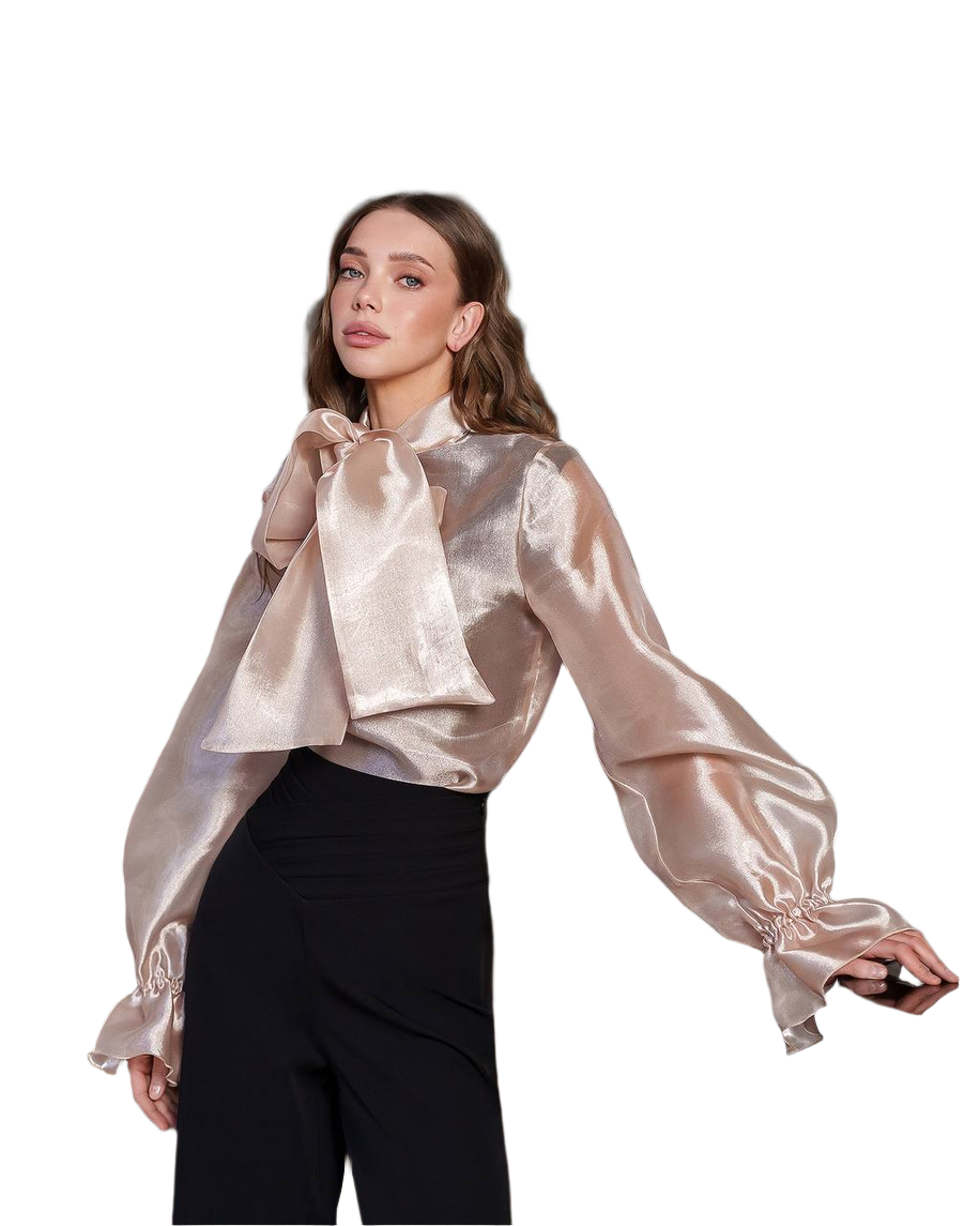 Lux Organza Women's Blouse with Bow Tie in Pink