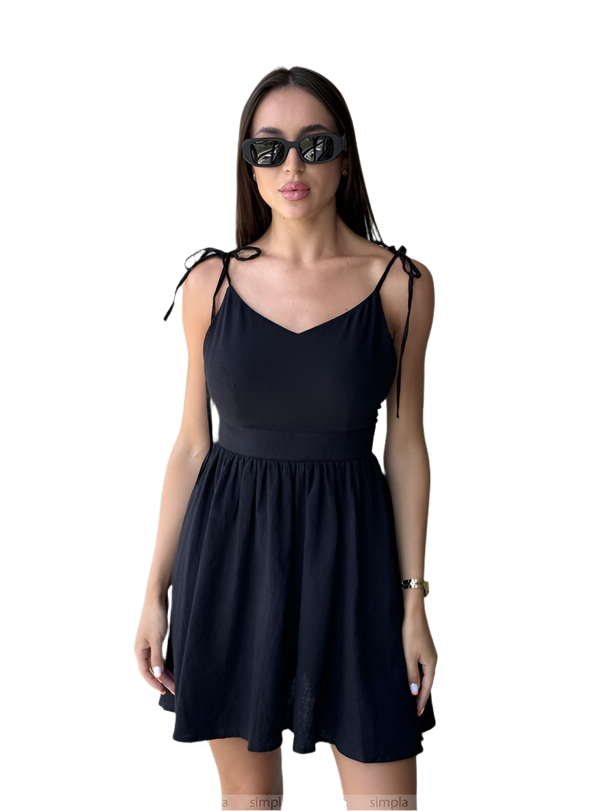 Black Linen Summer Dress with Tie Straps and Waistline