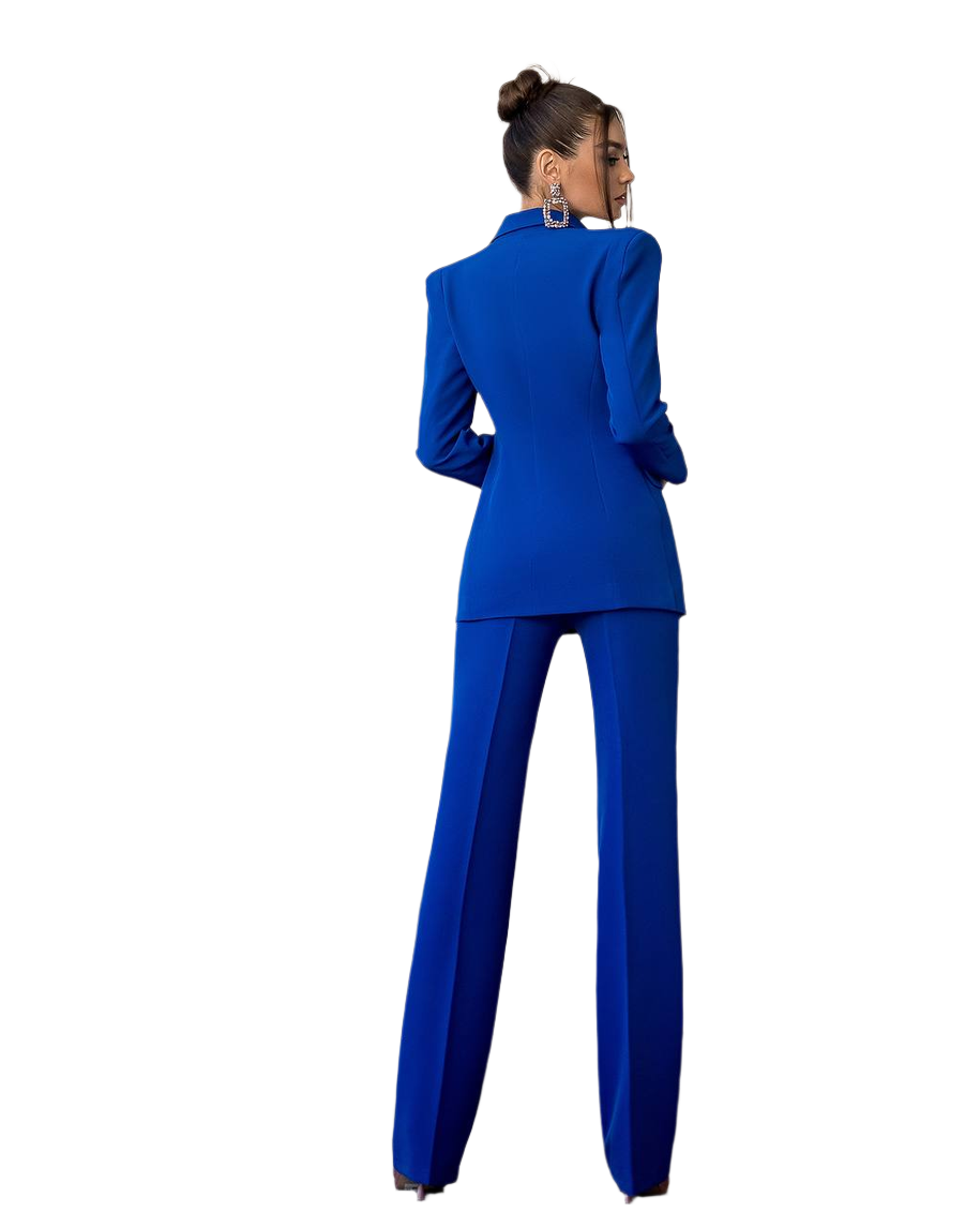 Woman wearing a blue suit on a white background