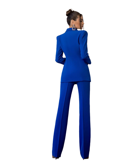 Woman wearing a blue suit on a white background