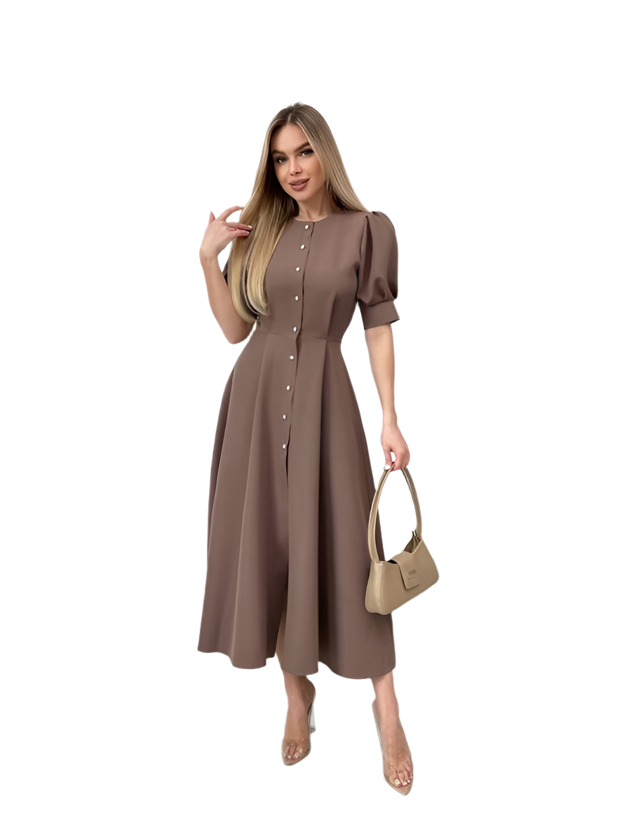 Elegant Women's Brown Midi Dress with Pearls Button Detail